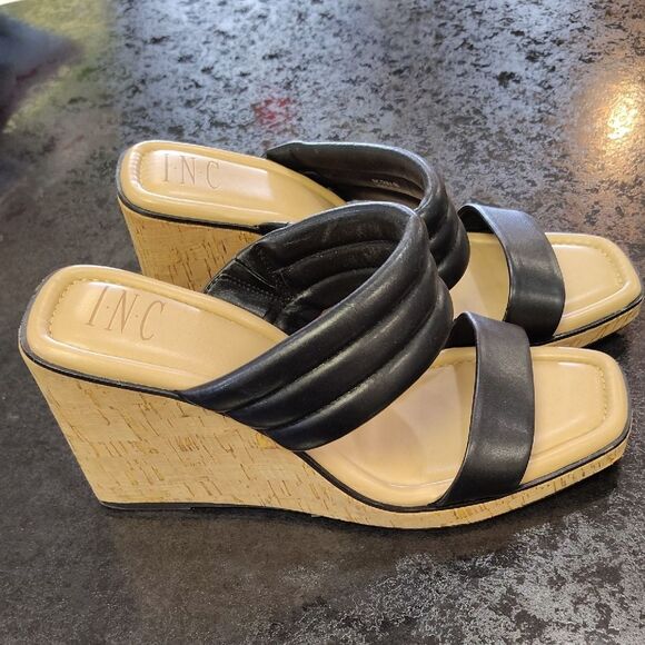 INC International Concepts Black and Tan Wedge Sandals - Picture 1 of 6